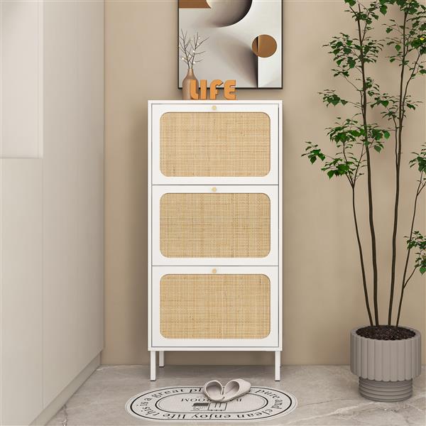 Natural Rattan 3 Door Shoe Rack,  Modern Shoe Storage Cabinet, for Entryway