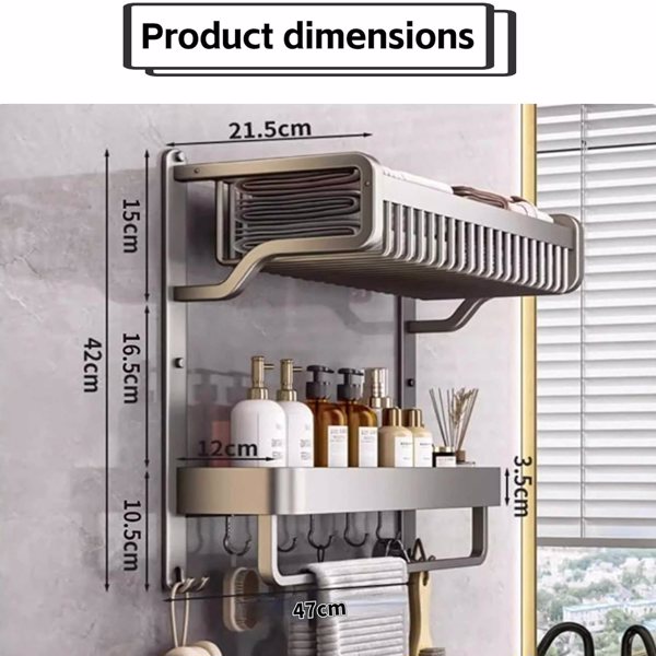 Dual Tier Towel Rack Wall Mounted,Towels Shelf with Large Capacity Basket, 24" Rod Bars,7 Hooks,Rustproof Towel Holder for Easy Mounting in Bathroom, Hotel, or Modern Lavatory,Grey