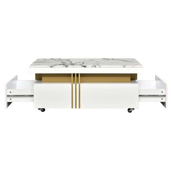 [VIDEO provided] Contemporary Coffee Table with Faux Marble Top, Rectangle Cocktail Table with Caster Wheels, Moderate Luxury Center Table with Gold Metal Bars for Living Room, White