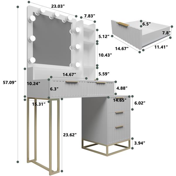 Makeup Vanity Desk with Mirror and Lights, Vanity Table, 5 Drawers, Side Cabinet, Storage Shelves for Bedroom, White