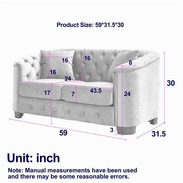 59-Inch Modern Chesterfield Velvet Sofa, 2-Seater Sofa, Upholstered Tufted Backrests with Nailhead Arms and 2 Cushions for Living Room, Bedroom, Apartment, Office (Grey)