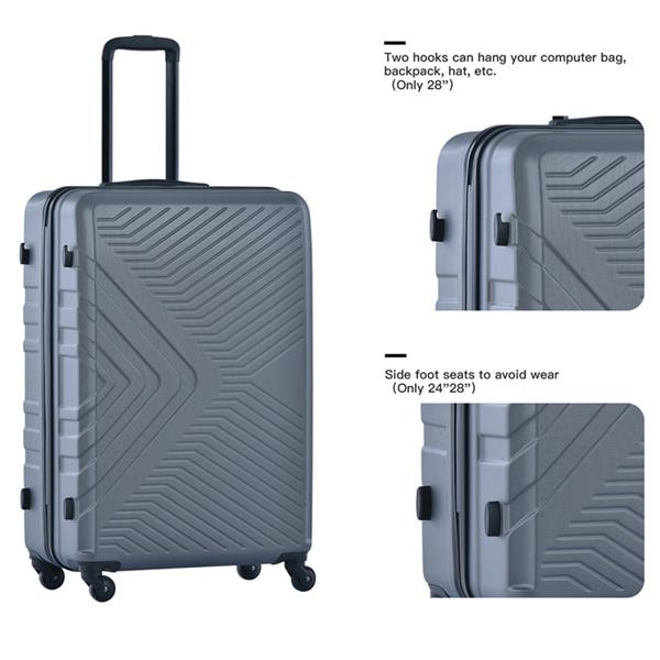 3 Piece Luggage Sets ABS Lightweight Suitcase with Two Hooks, Spinner Wheels, TSA Lock, (20/24/28) Gray