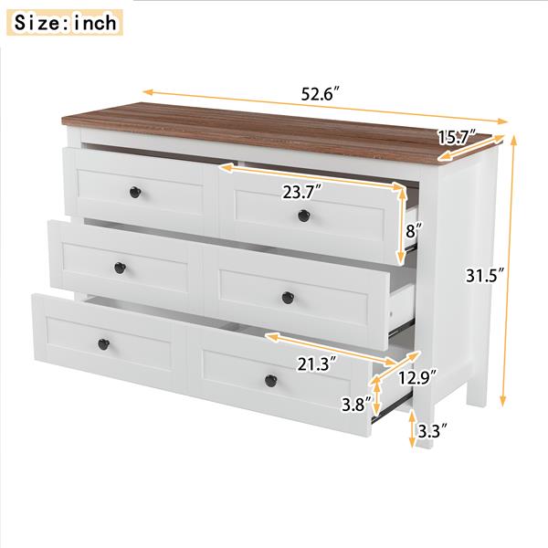 Retro Farmhouse Style Wooden Dresser with 6 Drawer, Storage Cabinet for Bedroom, White+Brown