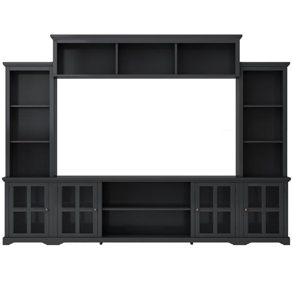 [VIDEO provided] Minimalism Entertainment Wall Unit with Bridge, Modern TV Console Table for TVs Up to 70", Multifunctional TV Stand with Tempered Glass Door, Black