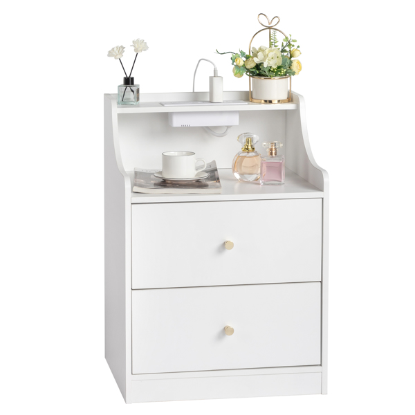 FCH White particleboard with triamine Matt gold tapered handle 45*35*63cm 2 drawers with compartments Bedside table 1 wireless + 2 USB ports + 2 US standard three-pin ports