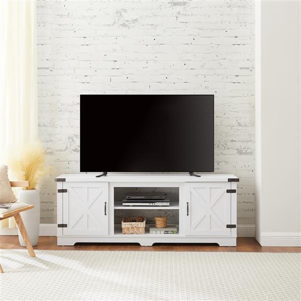 Modern Farmhouse TV Media Stand, Large Barn Inspired Home Entertainment Console, for TV Up to 70'', with Open Shelves and Closed Cabinets, White, 64.8"W*15.67"D*24.29"H