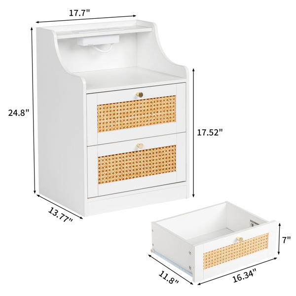 [] white particleboard with triamine matt gold tapered handle 45*35*63cm rattan two drawers with compartments bedside table 1 wireless + 2 USB ports + 2 US standard three-plug ports