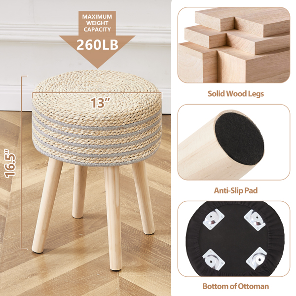 Amazon Shipping Round Ottoman Footstool Natural Seagrass Foot Stool Pouf Ottomans with Solid Wood Legs Hand Weave Hyacinth Footrest Step Stool for Living Room Balcony Garden