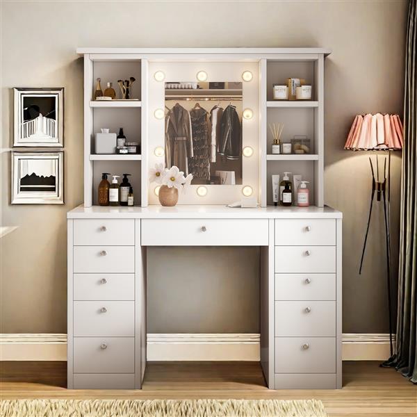 Vanity Desk with LED Lighted Mirror, Makeup Vanity  with 11Drawers, 3 Color Lighting Modes Brightness Adjustable, Hidden Wiring, Dressing Table for Bedroom, White