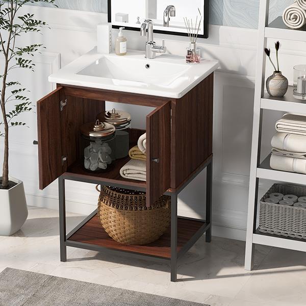 [Viedo]24" inch Walnut Finish Bathroom Vanity Cabinet with 2 Soft-Close Doors, Open Storage