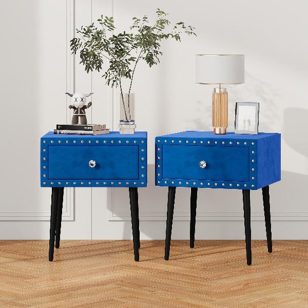 Modern Nightstands Set of 2 with Drawer and Crystal Handle, Elegant Rivet Velvet Design Bedside Table for Bedroom, Blue