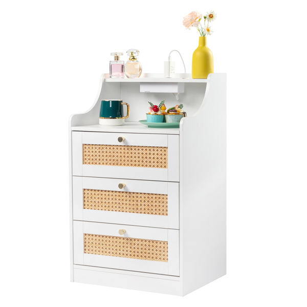 FCH white particleboard with triamine matt gold tapered handle 45*35*73cm rattan three drawers with compartments bedside table 1 wireless + 2 USB ports + 2 US standard three-plug ports