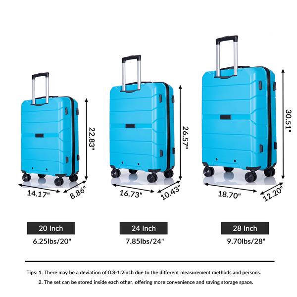 Hardshell Suitcase Spinner Wheels PP Luggage Sets Lightweight Suitcase With TSA Lock,3-Piece Set (20/24/28) ,Light Blue