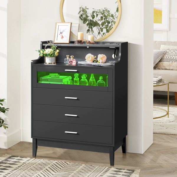 Particleboard Wood 4 Drawers with Shelf & LED Light Strips & Charging Station & USB Ports Dresser Bed Table Black