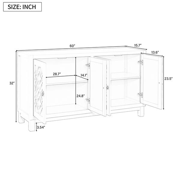 Large Storage Space Sideboard, 4 Door Buffet Cabinet with Pull Ring Handles for Living Room, Dining Room (White)