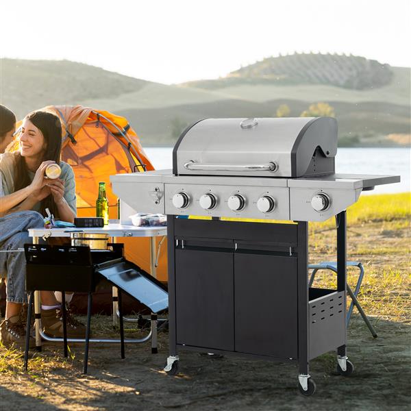 Propane Grill 4 Burner Barbecue Grill Stainless Steel Gas Grill with Side Burner and Thermometer for Outdoor BBQ, Camping