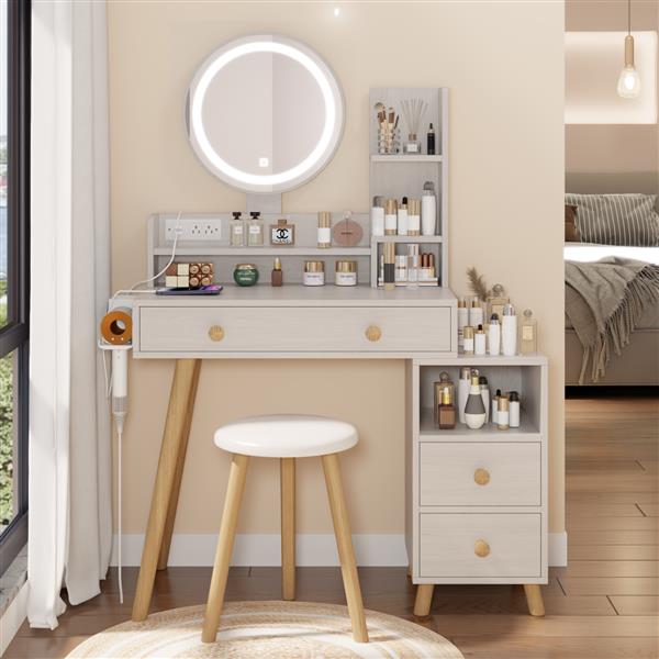 Round Mirror Bedside Cabinet Vanity Table + Cushioned Stool, With 2 AC Power + 2 USB socket, 17" diameter LED Mirror, Touch Control, 3-color, Brightness adjustable, Large desktop, Multi-layer Storage