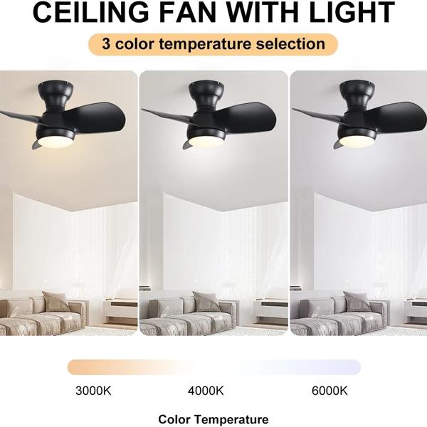 23 Inch Bedroom Ceiling Fan With 3 Color Dimmable 3 ABS Blades Remote Control DC Motor Black With 18W Led Light