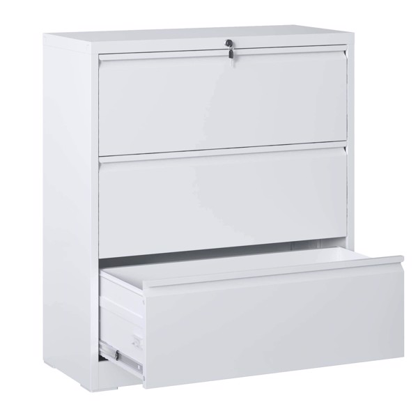 Lateral File Cabinet 3 Drawer, White Filing Cabinet with Lock, Lockable File Cabinet for Home Office, Locking Metal File Cabinet for Legal/Letter/A4/F4 Size