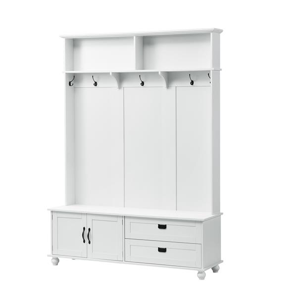 [VIDEO provided] Modern Style Hall Tree with Storage Cabinet and 2 Large Drawers, Widen Mudroom Bench with 5 Coat Hooks, White