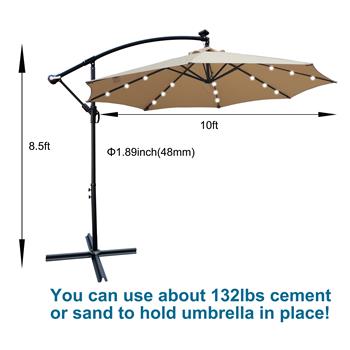 Tan 10 ft Outdoor Patio Umbrella Solar Powered LED Lighted Sun Shade Market Waterproof 8 Ribs Umbrella with Crank and Cross Base for Garden Deck Backyard Pool Shade Outside Deck Swimming Pool