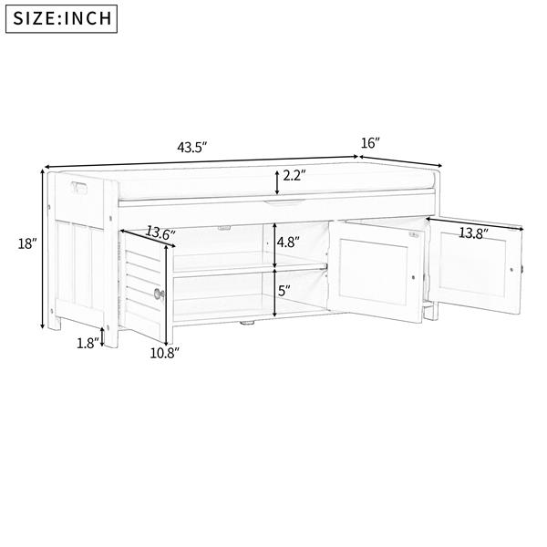 Storage Bench with 3 Shutter-shaped Doors, Shoe Bench with Removable Cushion and Hidden Storage Space