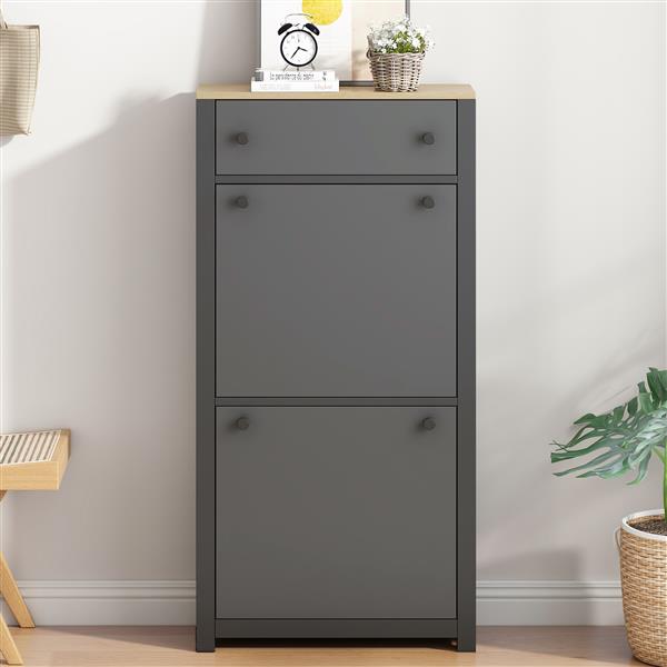 Functional Entryway Organizer with 2 Flip Drawers, Wood Grain Pattern Top Shoe Cabinet with Drawer, Free Standing Shoe Rack with Adjustable Panel for Hallway, Grey