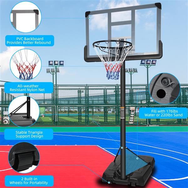 Portable Basketball Hoop Backboard System Stand Height Adjustable 6.6ft - 10ft with 44 Inch Backboard and Wheels for Adults Teens Outdoor Indoor Basketball Goal Game Play Set