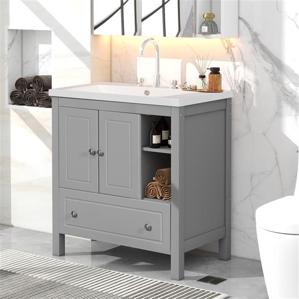 [VIDEO] 30" Bathroom Vanity with Sink, Bathroom Storage Cabinet with Doors and Drawers, Solid Wood Frame, Ceramic Sink, Grey