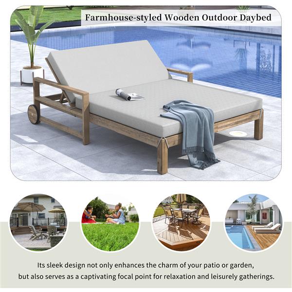 1-Piece Farmhouse-styled Wooden Outdoor Sunbed for Ultimate Relaxation Outdoor Daybed Seating 2 People for Poolside, Garden and Backyard (Grey)