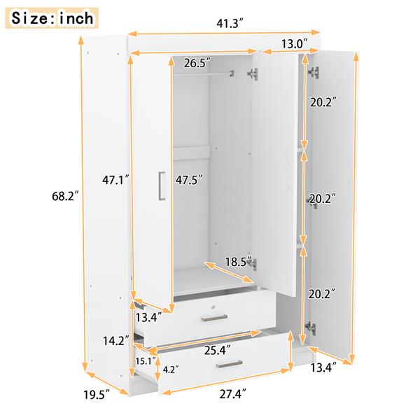 3-Door Mirror Wardrobe with shelves, White