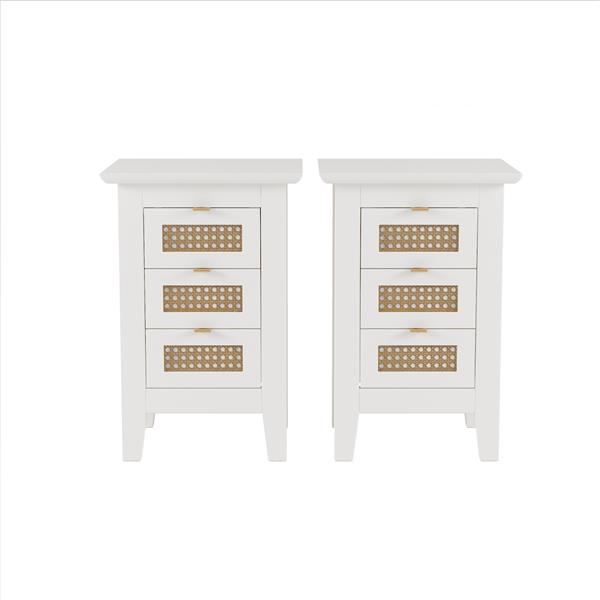 Wooden Nightstands Set of 2 with Rattan-Woven Surfaces and Three Drawers, Exquisite Elegance with Natural Storage Solutions for Bedroom, White