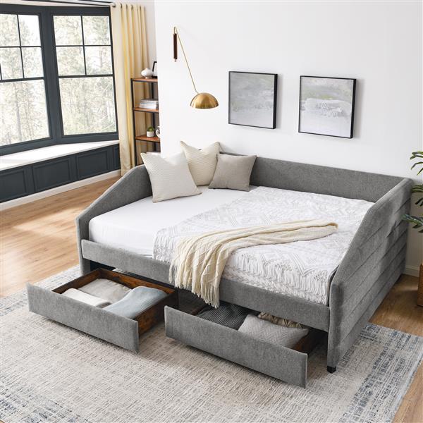 Queen Size Daybed with Two Drawers Trundle Upholstered Tufted Sofa Bed, Linen Fabric, Grey (88"x64.5"x34")