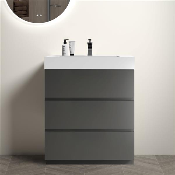 30" Gray Bathroom Vanity with Sink, Large Storage  Bathroom Vanity for Modern Bathroom, One-Piece White Sink Basin without Drain and Faucet