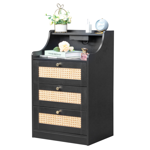 FCH black particle board with triamcinol matt gold tapered handle 45*35*73cm rattan three drawers with compartments bedside table 1 wireless + 2 USB ports + 2 US standard three-plug ports