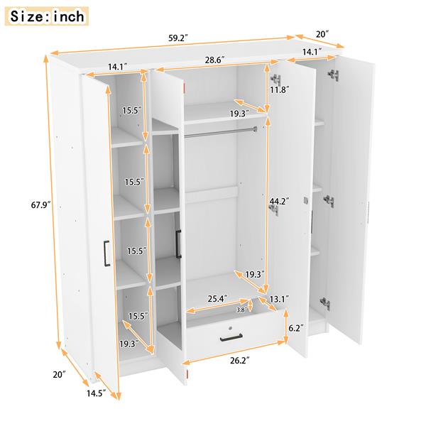 4-Door Mirror Wardrobe with shelves, White