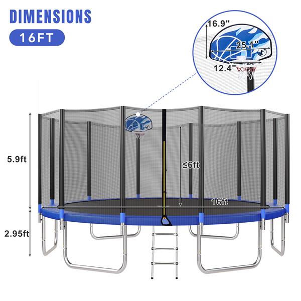 16FT Trampoline for Kids with Safety Enclosure Net, Basketball Hoop and Ladder, Easy Assembly Round Outdoor Recreational Trampoline