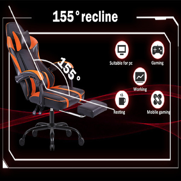 Video Game Chairs for Adults, PU Leather Gaming Chair with Footrest, 360°Swivel Adjustable Lumbar Pillow Gamer Chair, Comfortable Computer Chair for Heavy People, Orange