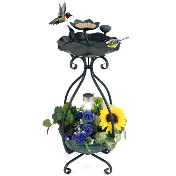 Dark green Solar Bird Bath Feeder Combo with Flower Planter Pedestal and Solar Lights