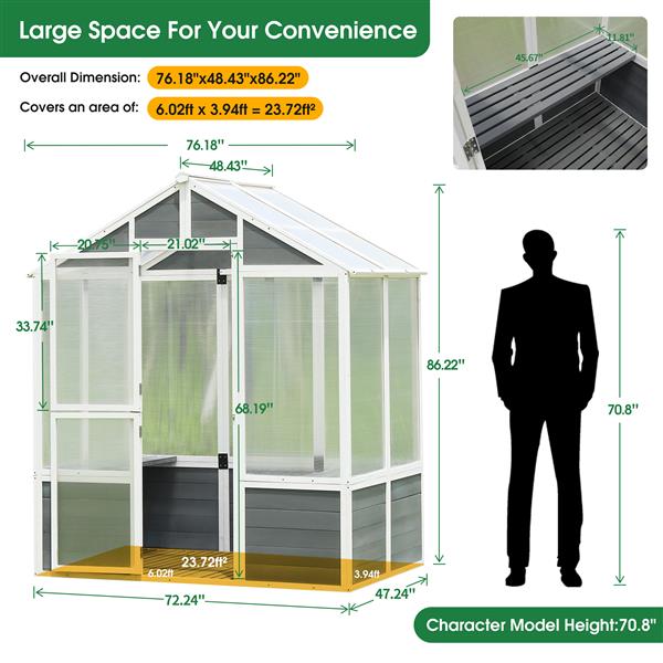 Greenhouse, Wooden Greenhouse Polycarbonate Garden Shed for Plants, 76''x48''x86'' Walk-in Outdoor Plant Gardening Greenhouse for Patio Backyard Lawn, Grow House with Front Entry Door