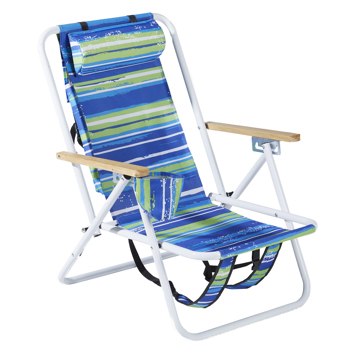 1pc Folding Beach Chair, 4 Position Portable Backpack Foldable Camping Chair with Headrest Cup Holder and Wooden Armrests, Blue & Green Stripes