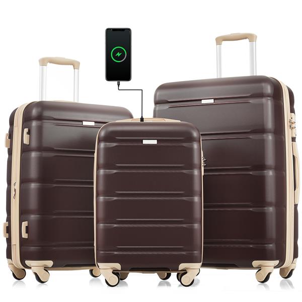 Luggage Set of 3, 20-inch with USB Port, Airline Certified Carry-on Luggage with Cup Holder, ABS Hard Shell Luggage with Spinner Wheels, brown,New Products In Stock Mid May