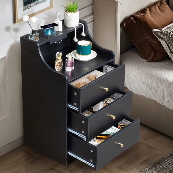 FCH black particleboard with triamine matt gold tapered handle 45*35*73cm three drawers with compartments bedside table 1 wireless + 2 USB ports + 2 US standard three-plug ports