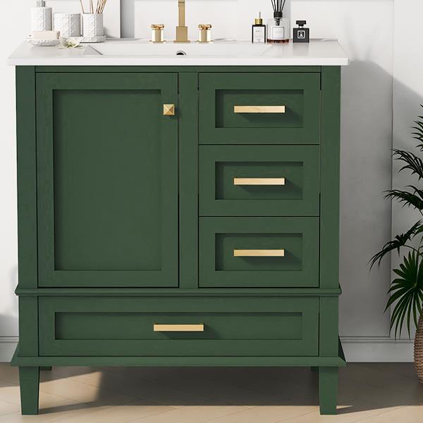 30" Bathroom Vanity in Green, Modern Bathroom Cabinet with Sink Combo Set, Bathroom Storage Cabinet with a Soft Closing Door and 3 Drawers, Solid Wood Frame