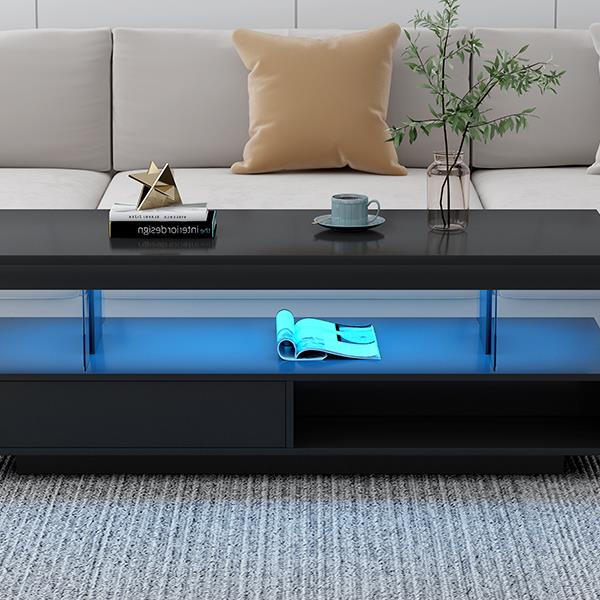 LED Coffee Table with Storage, Modern Center Table with 2 Drawers and Display Shelves, Accent Furniture with LED Lights for Living Room,Black