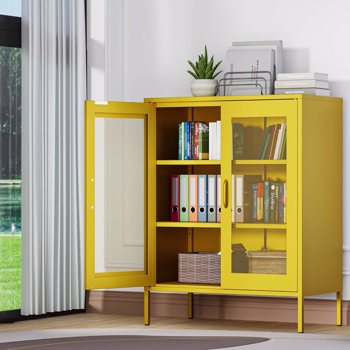  Metal Storage Cabinet with Mesh Doors, Liquor Cabinet with Adjustable Shelves for Kitchen,  Living Room, Home Office, yellow