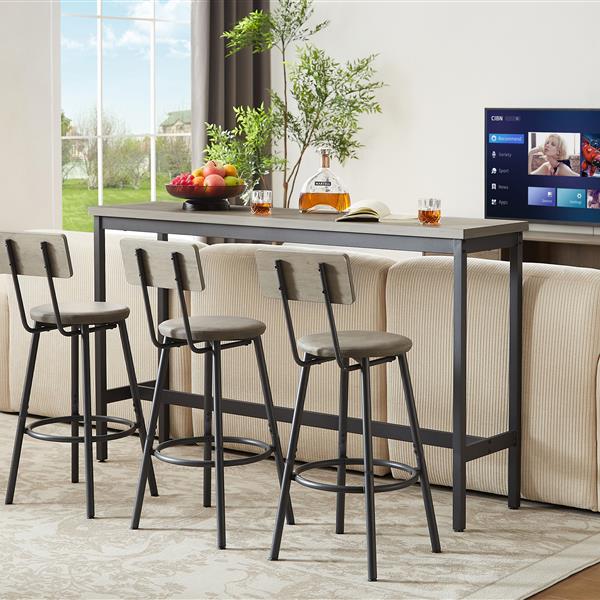 Long Bar Table Set with 3 PU Upholstered Bar Stools, Industrial Bar Table and Chairs for Kitchen Breakfast Table, Living Room, Banquet Hall, Rustic Gray and Black, 63″L x15.7"W x 37.5"H