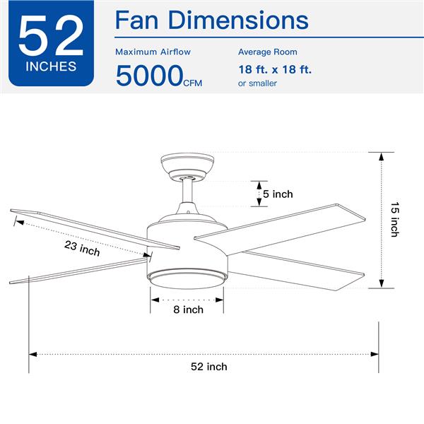 52" Integrated LED Light Matte Black Blade Ceiling Fan with Remote Control