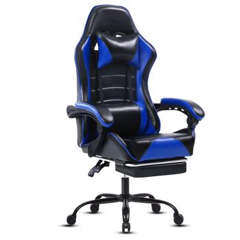 Computer Gaming Chairs with Footrest, Ergonomic Gaming Computer Chair for Adults, PU Leather Office Chair Adjustable Desk Chairs with Wheels, 360°Swivel Big and Tall Gamer Chair, Blue