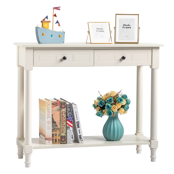 2-Tier Console Table with 2 Drawers， Console Tables for Entryway, Sofa Table with Storage Shelves, Entryway Table Behind Sofa Couch, for Living Room, Kitchen, Cream White